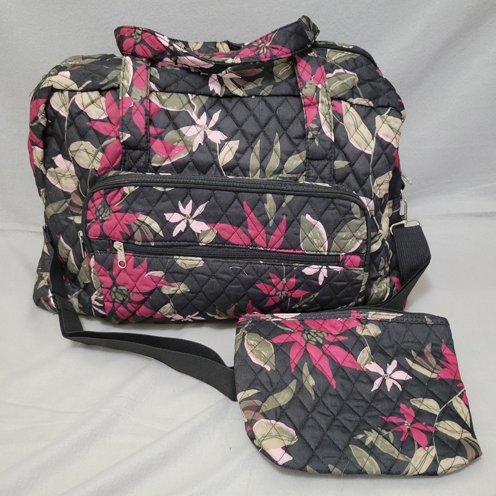Quilted Floral Duffel Bag and Cosmetic Pouch Set Black Pink Travel Weekender